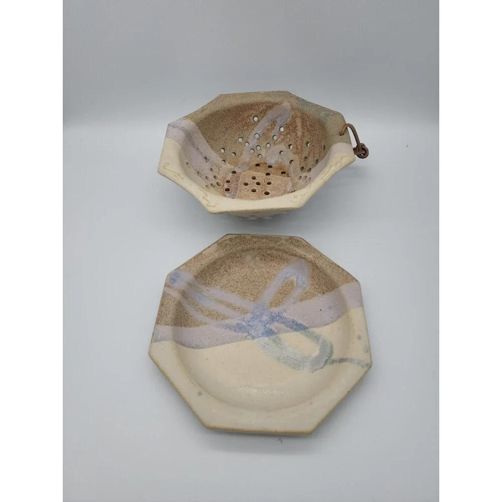 Berry Bowl Pottery Strainer & Dish Signed SR Allen TN NEW Hanger Octagonal